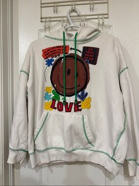 White Graphic 'LOVE' Smiley Hoodie with Green Stitching